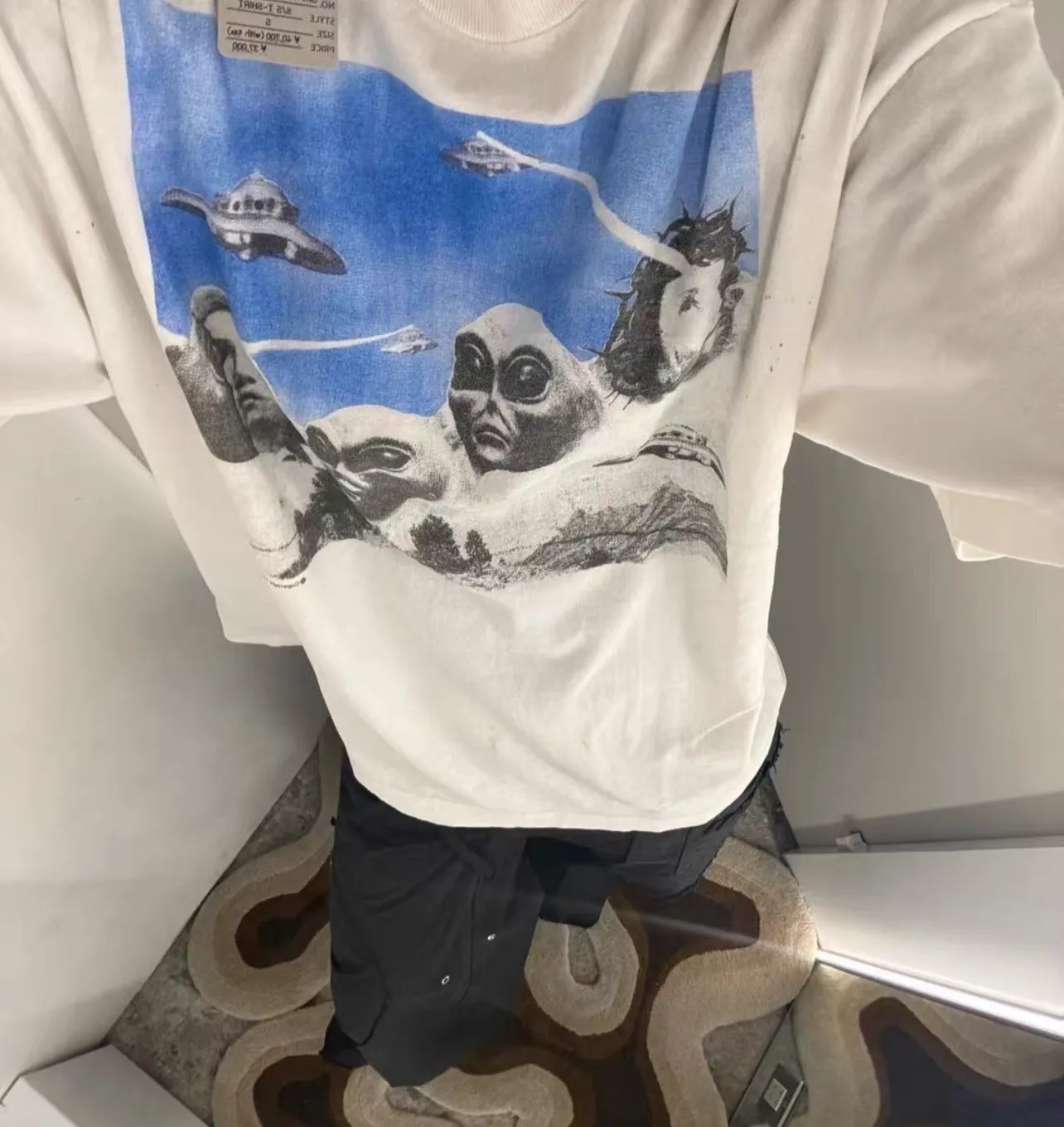 SAINT Mxxxxxx × Sean Wotherspoon SW_SS TEE/KIKI/WHT Alien Crisis/Alien President Mountain TEE Off-White S-XL Super Handsome Co-branded Alien Print Design Correct Version Customized SW Co-branded Accessories Cylindrical Seamless High Weight Fabric Enzyme Heavy Wash Water Distress Handmade Garment Graffiti Splashing Ink